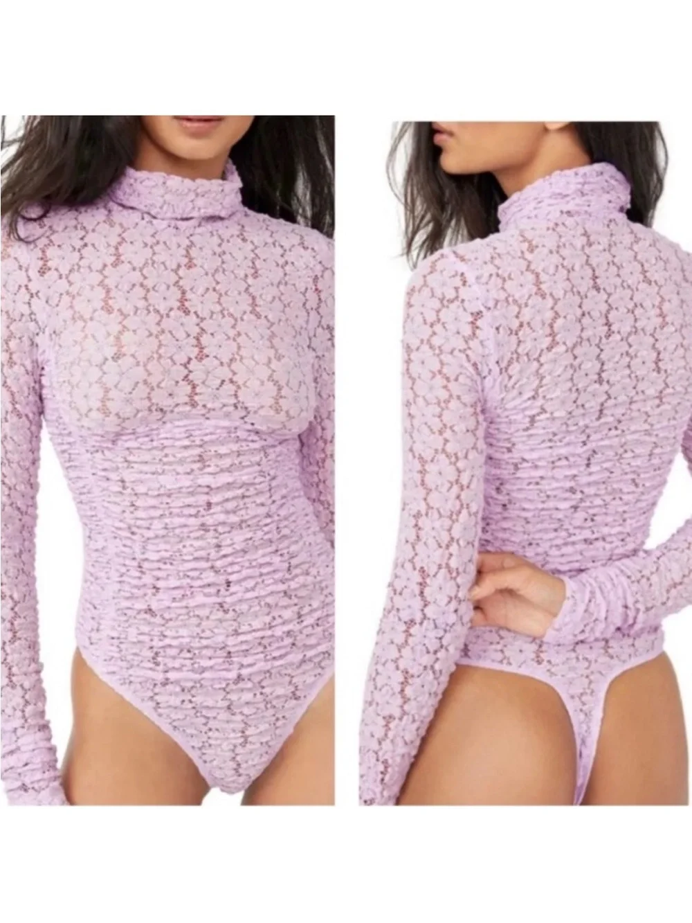 Free People Lilac Floral Lace Mock-Neck Bodysuit
